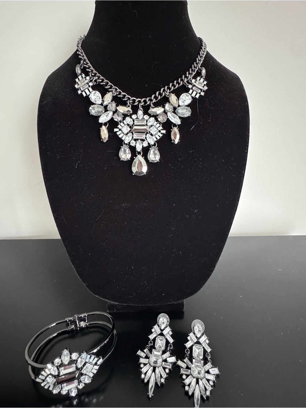 Crystal Statement Necklace, Bracelet & Earrings Set - Silver Tone